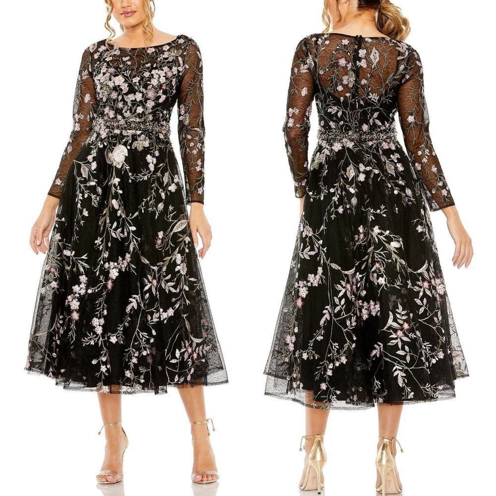 Mac Duggal Black Floral Midi Dress